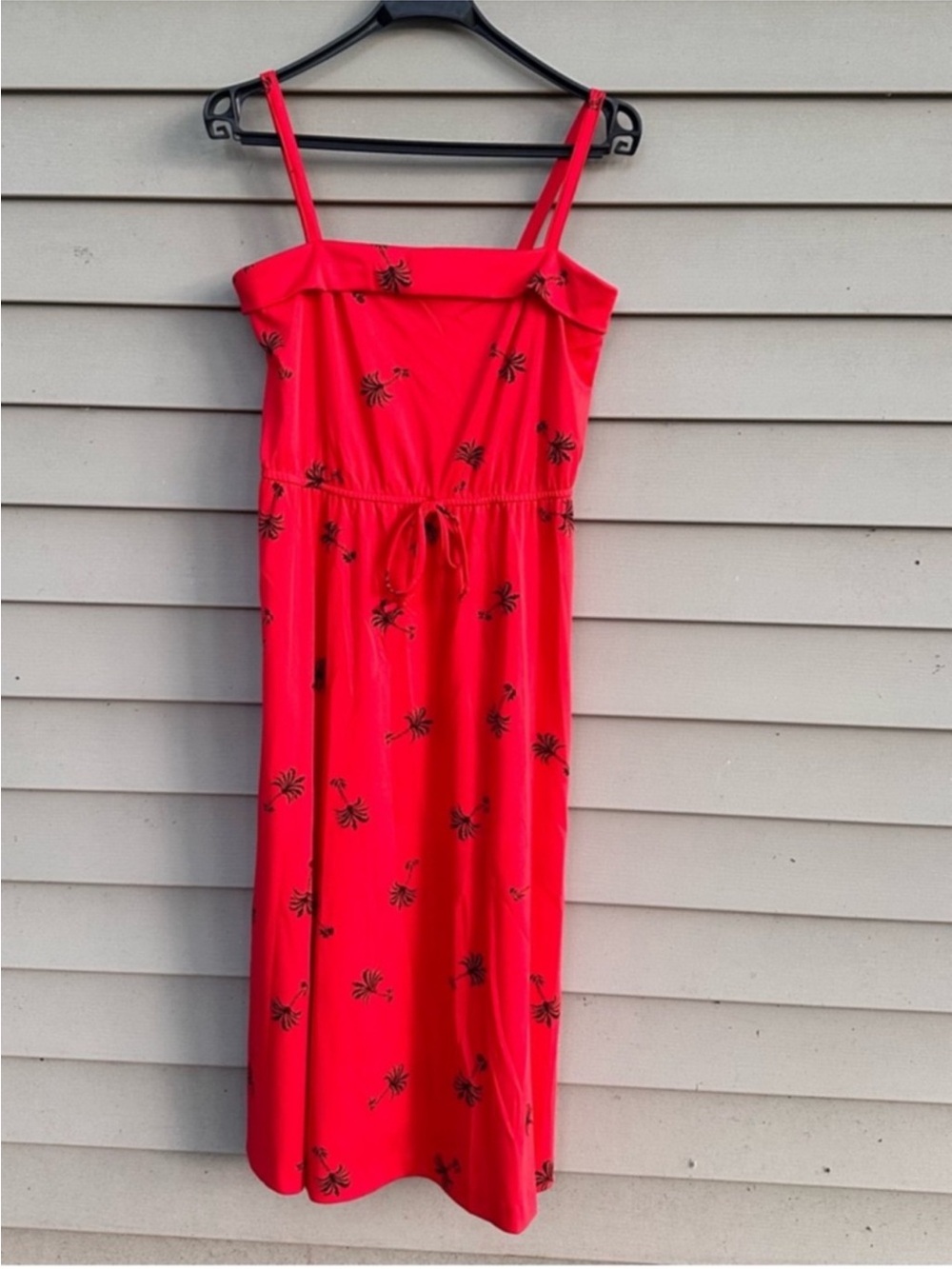 Vintage palm tree print sun dress w/ vest women’s 70s red black